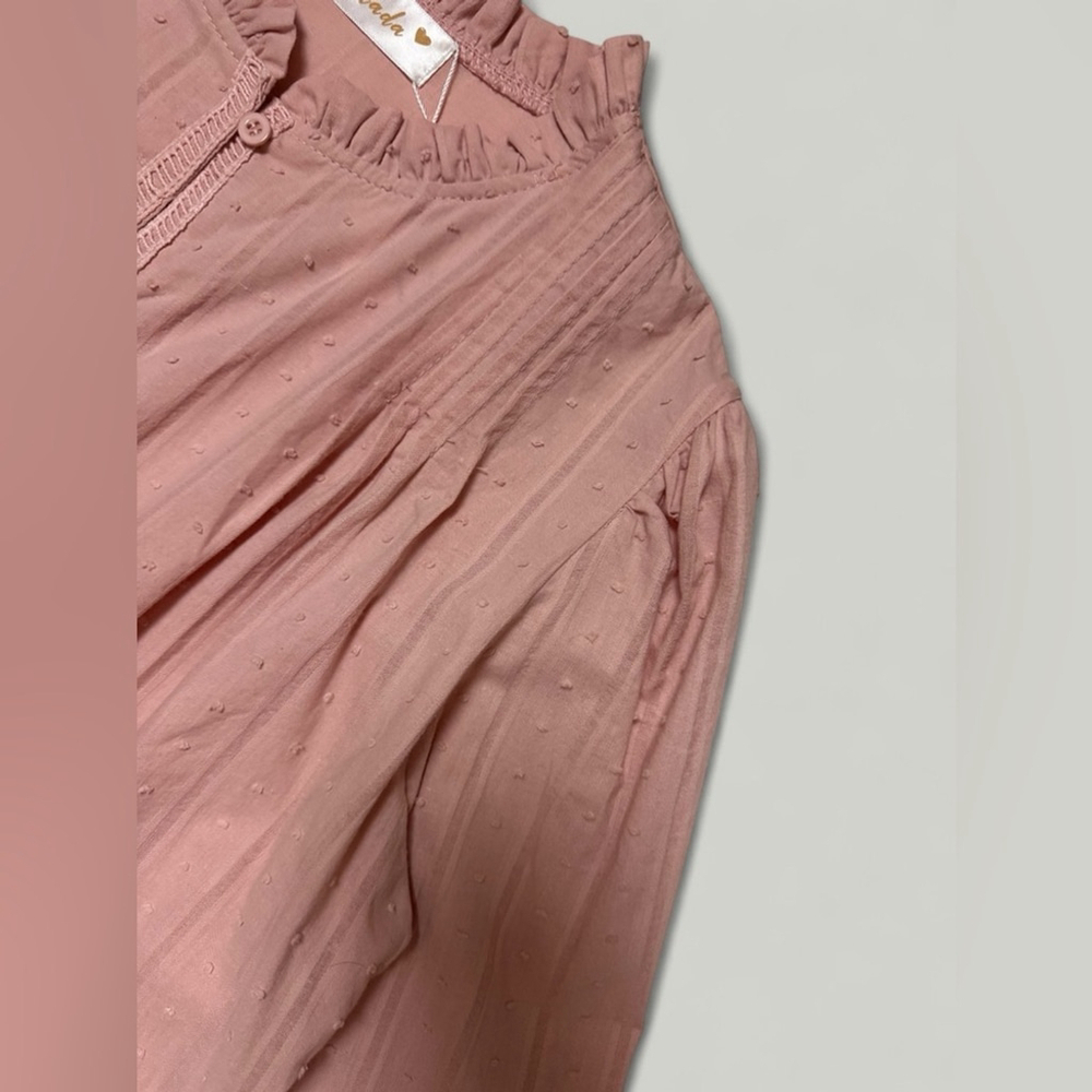 Pink Top Women Size Large Cotton Swiss Dot Pleated Ruffle Round Neckline Long - Picture 10 of 13